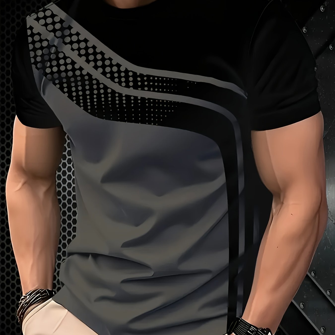 Men'S Stylish Black Gray Striped T-Shirt - Soft Polyester Fabric, 3D Digital Print Design, Casual Crew Neck, Short Sleeve, Perfect for Summer, Everyday Comfort Tee Modern Casualwear Comfortable Fit