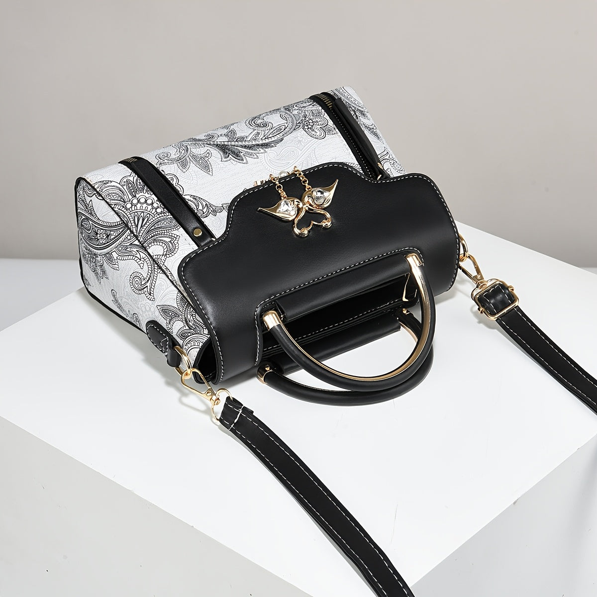 Elegant Floral Print Women'S Handbag - Lightweight Synthetic Tote with Golden-Tone Hardware, Removable Shoulder Strap, and Magnetic Closure, Perfect for Everyday Use, Versatile Tote Bag | Floral Print Bag | Synthetic Bag