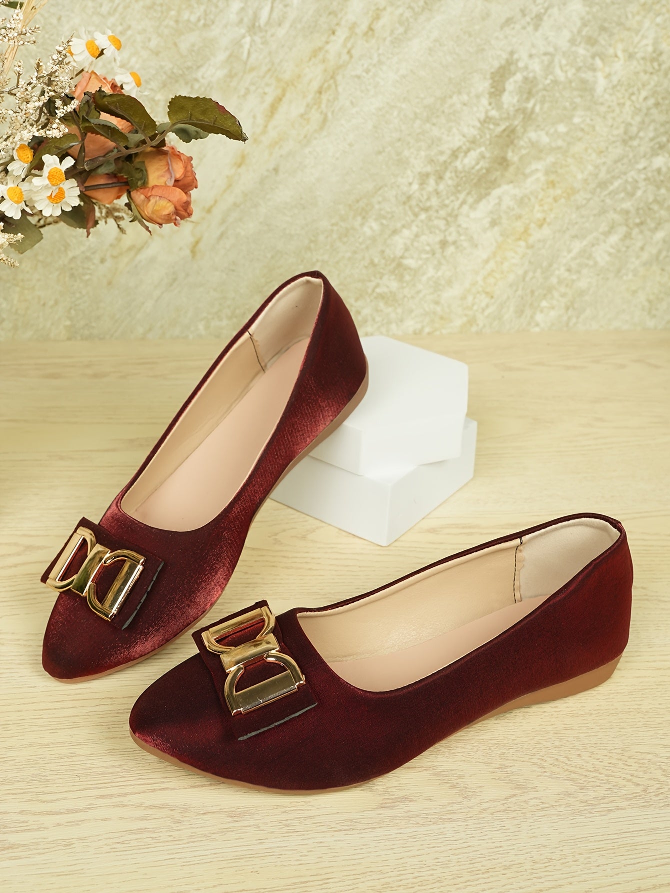 Women's Elegant Red Slip-On Flats with Golden Double Buckle Design - Comfortable Faux Cover Shoes for All Seasons, Pointed Toe Rubber Sole, Perfect for Casual or Dressy Occasions, Dressy Flats Buckle Embellished Shoes Lux