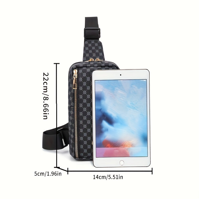 Men'S Classic Black PU Crossbody Bag with Geometric Pattern, Key Holder, Zipper Closure, Polyester Lining, Urban Style, Commuter Bag Geometric Pattern Bag Zippered Closure Bag