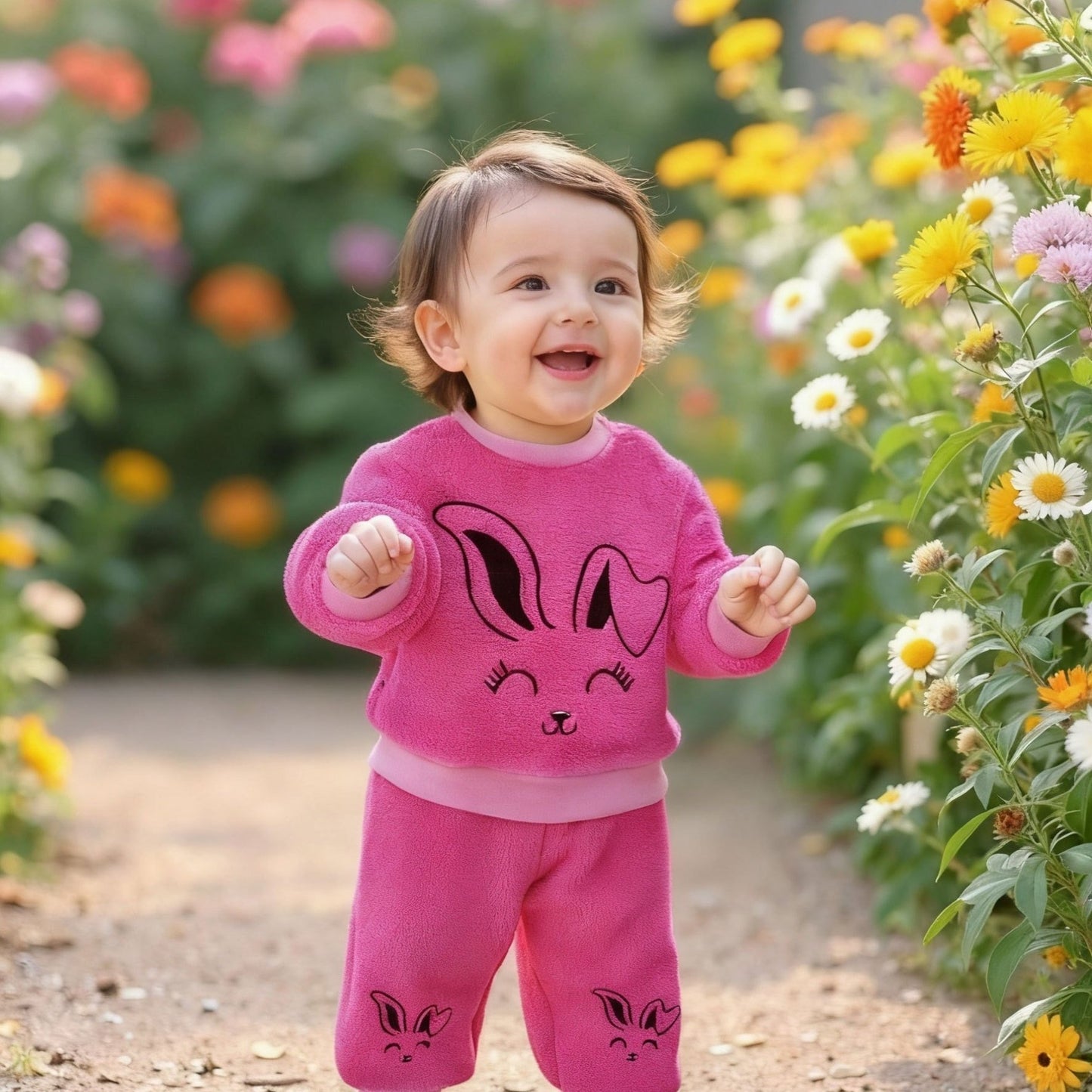 Adorable Cartoon Rabbit Embroidered Two-Piece Set for Youngsters - Soft Coral Fleece Outfit with Matching Pants, Perfect for Fall/Winter Casual Wear, Youngsters'S Playwear|Playful Design|Stretchy Fabric, Youngsters Girl Cloth