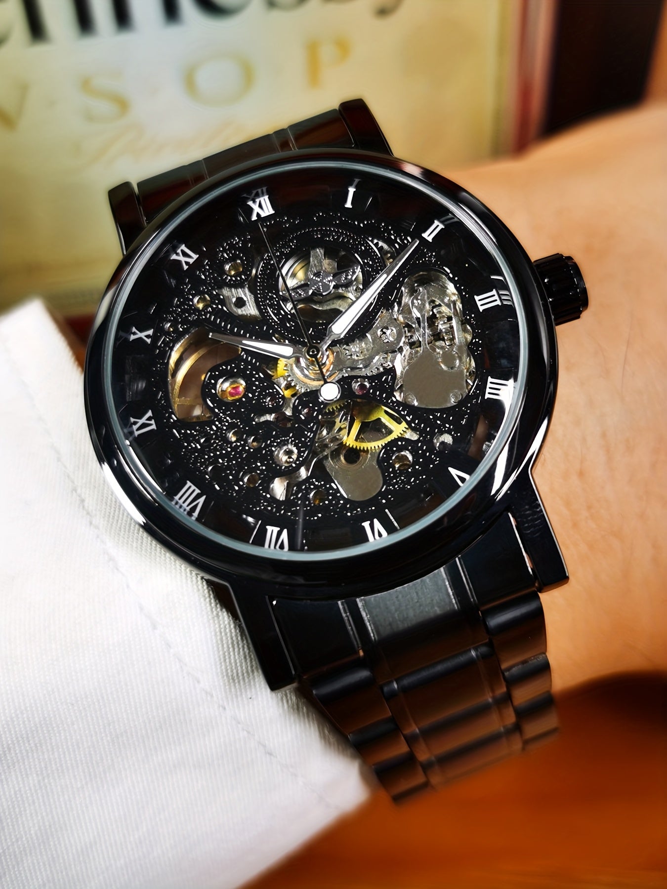 1pc T-WINNER Men'S Luxury Skeleton Automatic Mechanical Watch with Luminous Hands, Black Stainless Steel Strap & Roman Numerals - 3ATM High Quality, Business Casual Style, Includes Gift Box, Business Casual Watch | Skeleton W