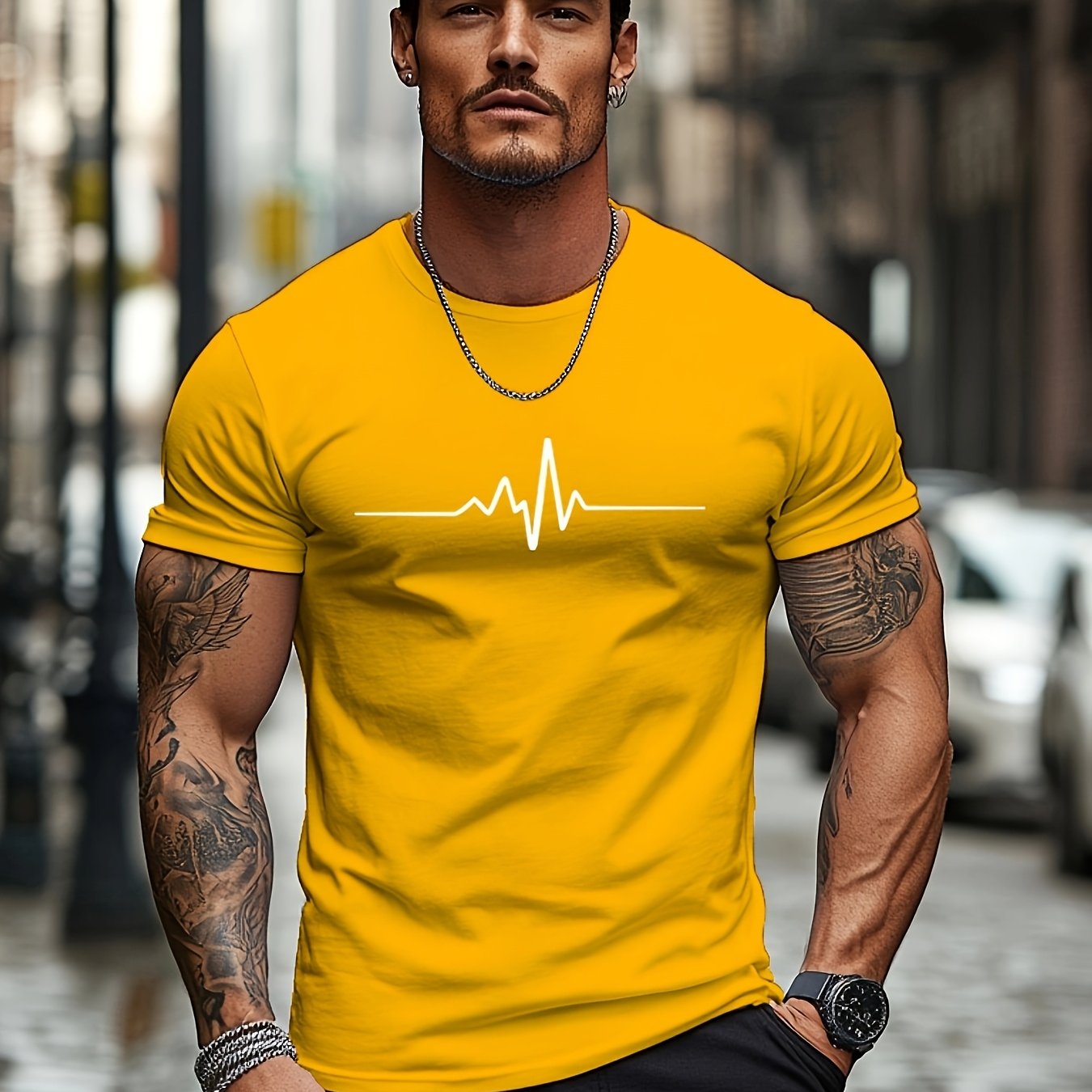 Men'S Brown T-Shirt with ECG Heartbeat Graphic - Casual Streetwear, Short Sleeve, Round Neck, Stretch Fabric, All-Season Comfort, Casual Streetwear Tee Round Neck Tshirt Comfortable Fit