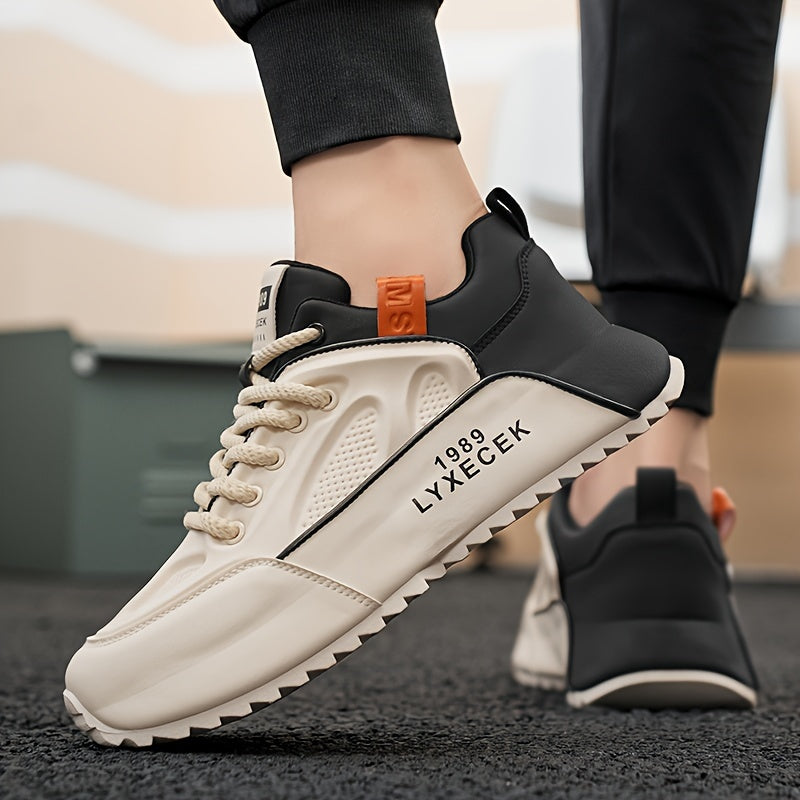 LYXCEK Men's Summer Casual Running Shoes - Trendy Chunky Sneakers with Height Boost, Black Beige, Lace-Up, Breathable Fabric Lining, Non-Slip PVC Sole, Fit