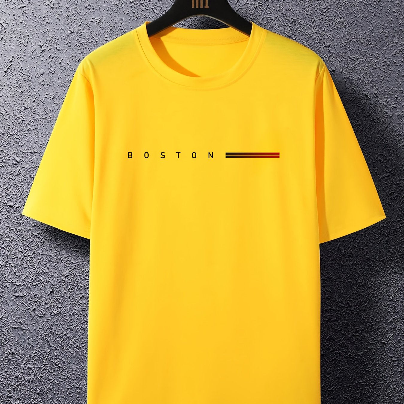 Men's Heavyweight 180gsm Cotton T-Shirt - Dark Gray Crew Neck Tee with Bold "Boston" Print, All-Season Everyday Formal Shirt for Men - Machine Washable Luxury Casual Top, Versatile Clothing, Modern Design, Premium Fabric, S