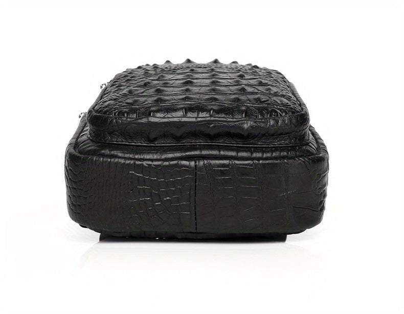 SCHLATUM Genuine Leather Crocodile Pattern Sling Bag - Black, Large-Capacity Multifunctional Crossbody Backpack for Travel, Sports Camping, Stylish Zipper Closure Design