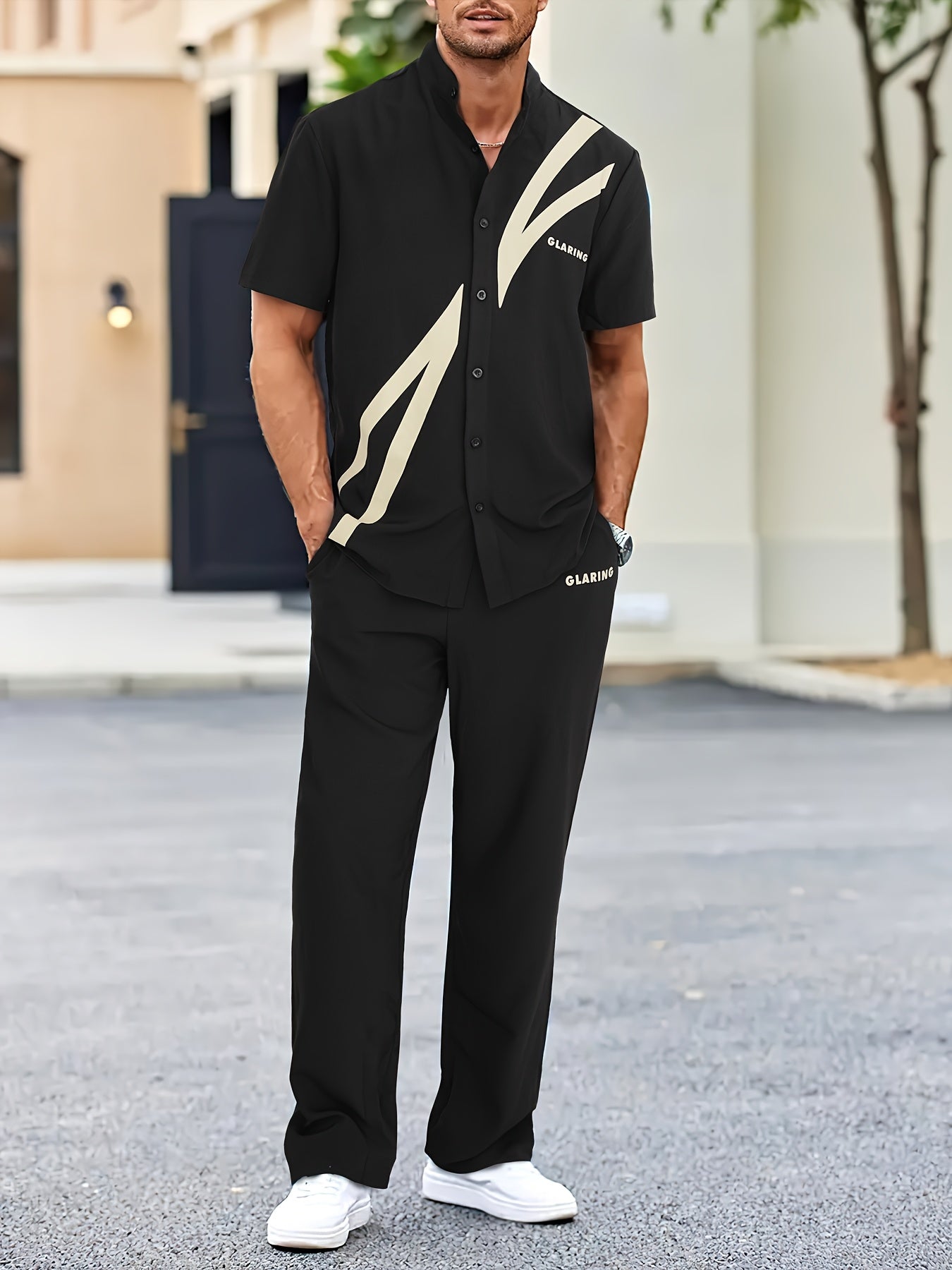 Men'S Casual Summer Short Sleeve Shirt & Pants Set - Black with White Geometric Print, Button-Up Collared Shirt & Loose Fit Pants, Non-Stretch Fabric, Perfect for Spring/Fall, Spring Summer Outfit | Geometric Print Shirt | Bu