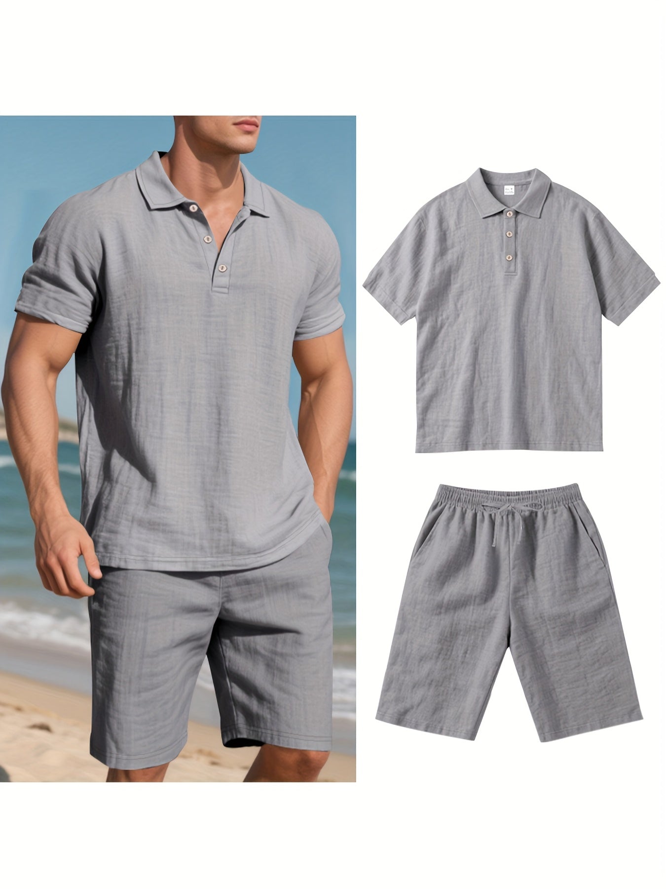 Essential for a Cool Summer! Men's Linen Shirt & Shorts Set, Comfortable Casual Outing Choice - Simple Beach Vacation Style Solid Color Linen