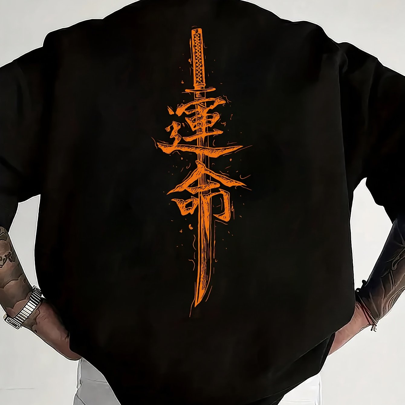 Men'S Japanese Samurai Sword Graphic T-Shirt - Casual Loose Fit Crew Neck, Short Sleeve Tee with Red Stylized Japanese Katanas Design, Breathable Polyester for Spring Summer Outdoor Wear