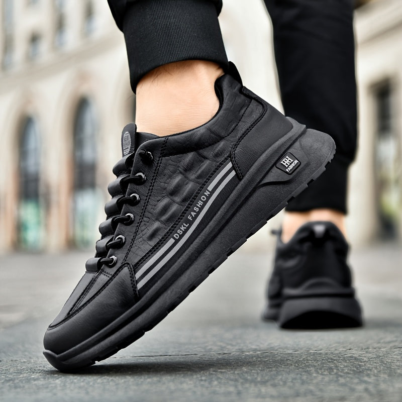 Men's Breathable Casual Sneakers - Comfortable, Versatile Stylish Shoes for Running, Sports Casual Attire, Black with White Accents, PU Upper PVC Sole, Round Toe, Lace-Up Design, All-Season Use