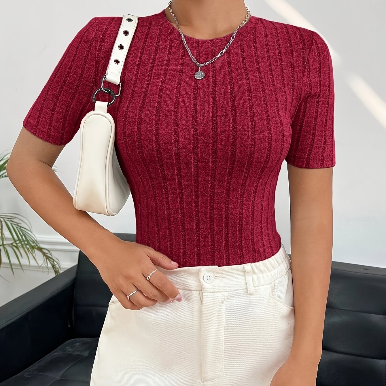 Women'S Stylish Ribbed T-Shirt - Short Sleeve, Crew Neck, Solid Color, Casual & Comfortable Fit for Casual Attire, Ladies T Shirts