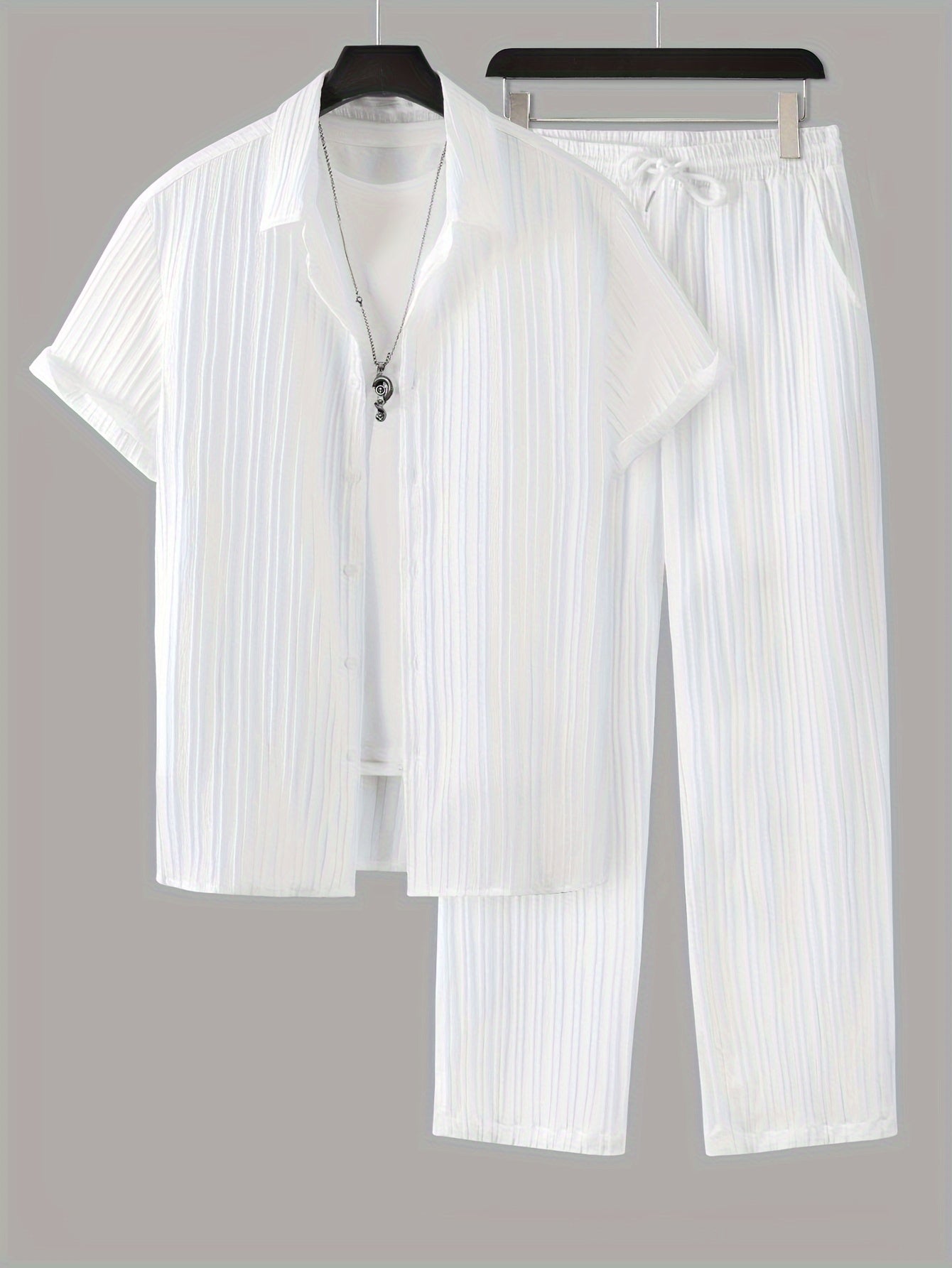 2-piece Men's Stylish Spring Summer Vacation Outfit Set, Men's Ruffled Short Sleeve Lapel Shirt & Drawstring Long Pants Set