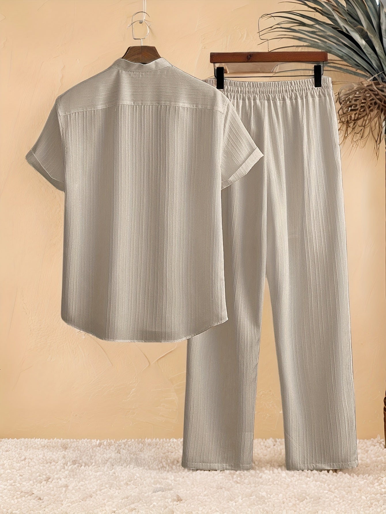 Casual 2pcs Set: Short Sleeve Stand Collar Shirt + Tie Straight Leg Pants, Suitable for Vacation Beach Outdoor Leisure Party