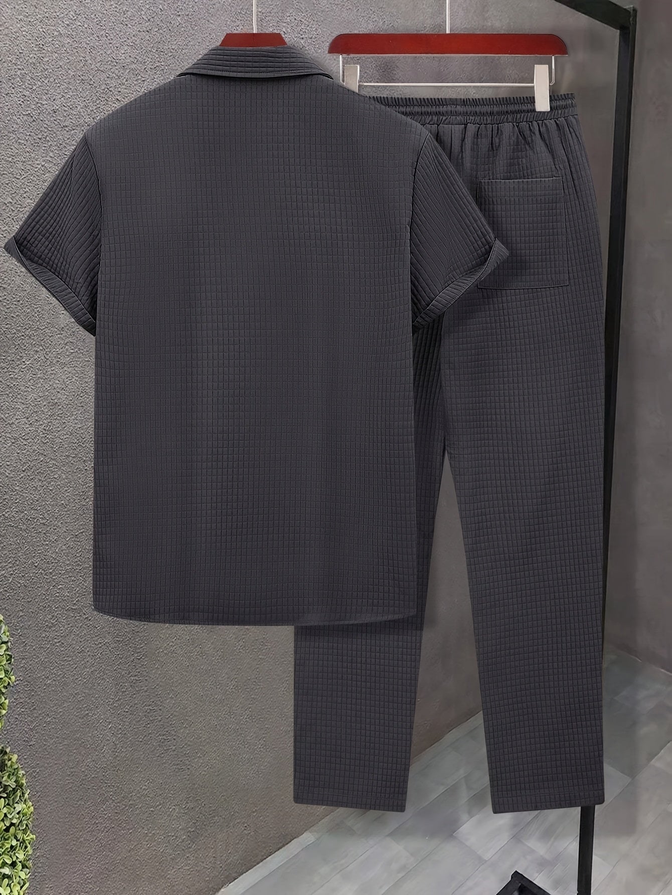 Summer Men'S Casual Bread Pattern Texture Short Sleeve Long Pants Shirt Set, 100% Polyester, Double Pocket Shirt, Turnover Woven Top Can Be Machine Washed and Dry Cleaned