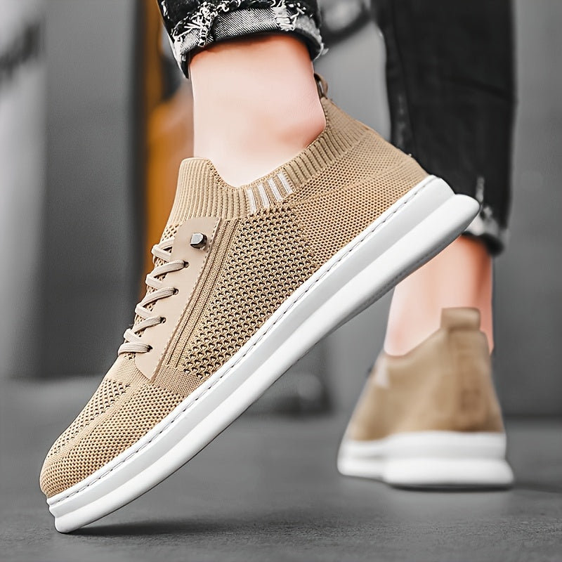Men'S Breathable Knit Mesh Running Shoes - Anti-Odor Casual Sneakers with Soft EVA Sole, Round Toe Design Low-Top Lace-Up for Jogging, Hiking, Outdoor Daily Wear - Khaki/Black/Gray, Jogging Shoes