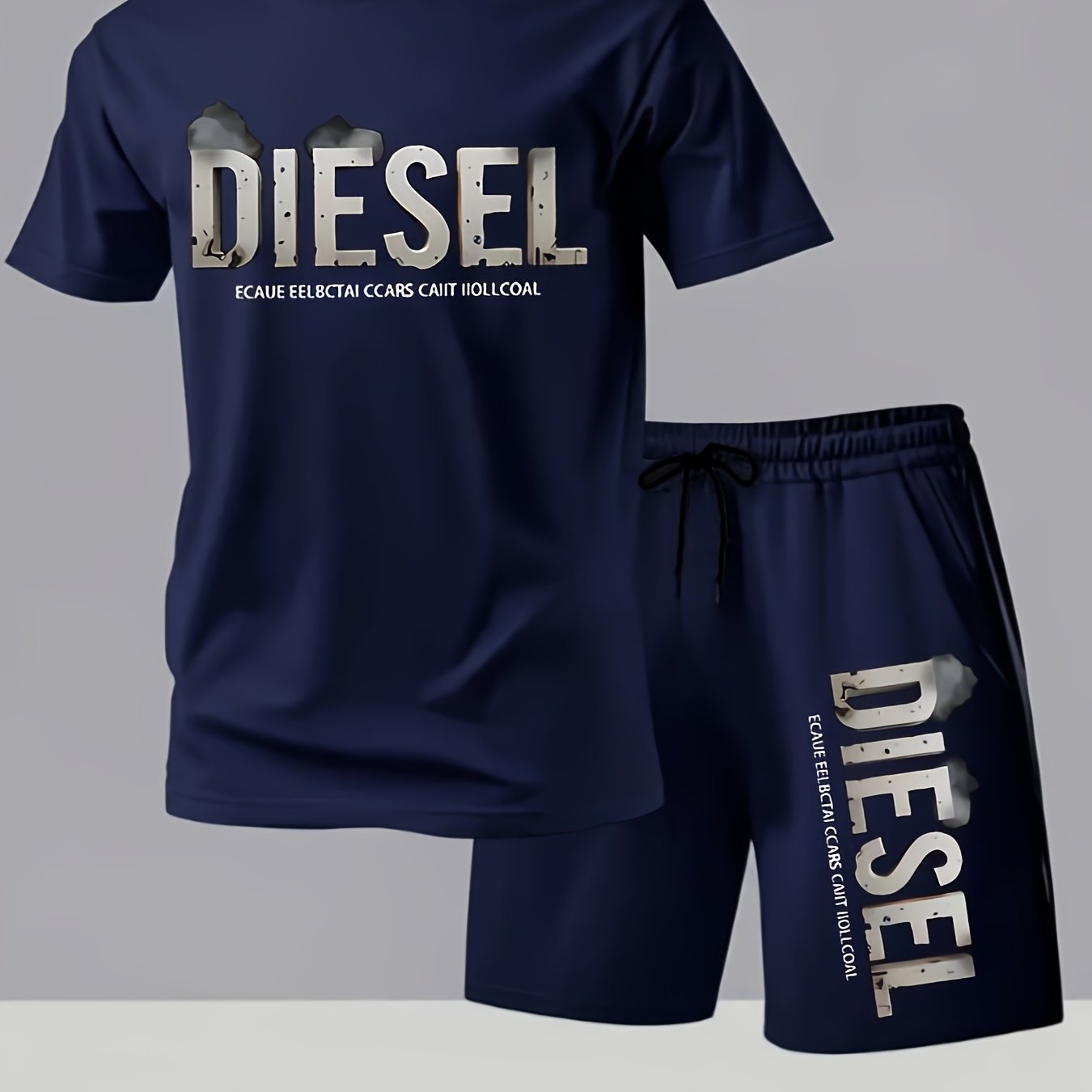 Summer Men'S Casual Sports Short Sleeve T-Shirt and Shorts Set, Comfortable Breathable, Suitable for Outdoor Jogging Running Fitness, Diesel Letter Print Design - 2pcs Set