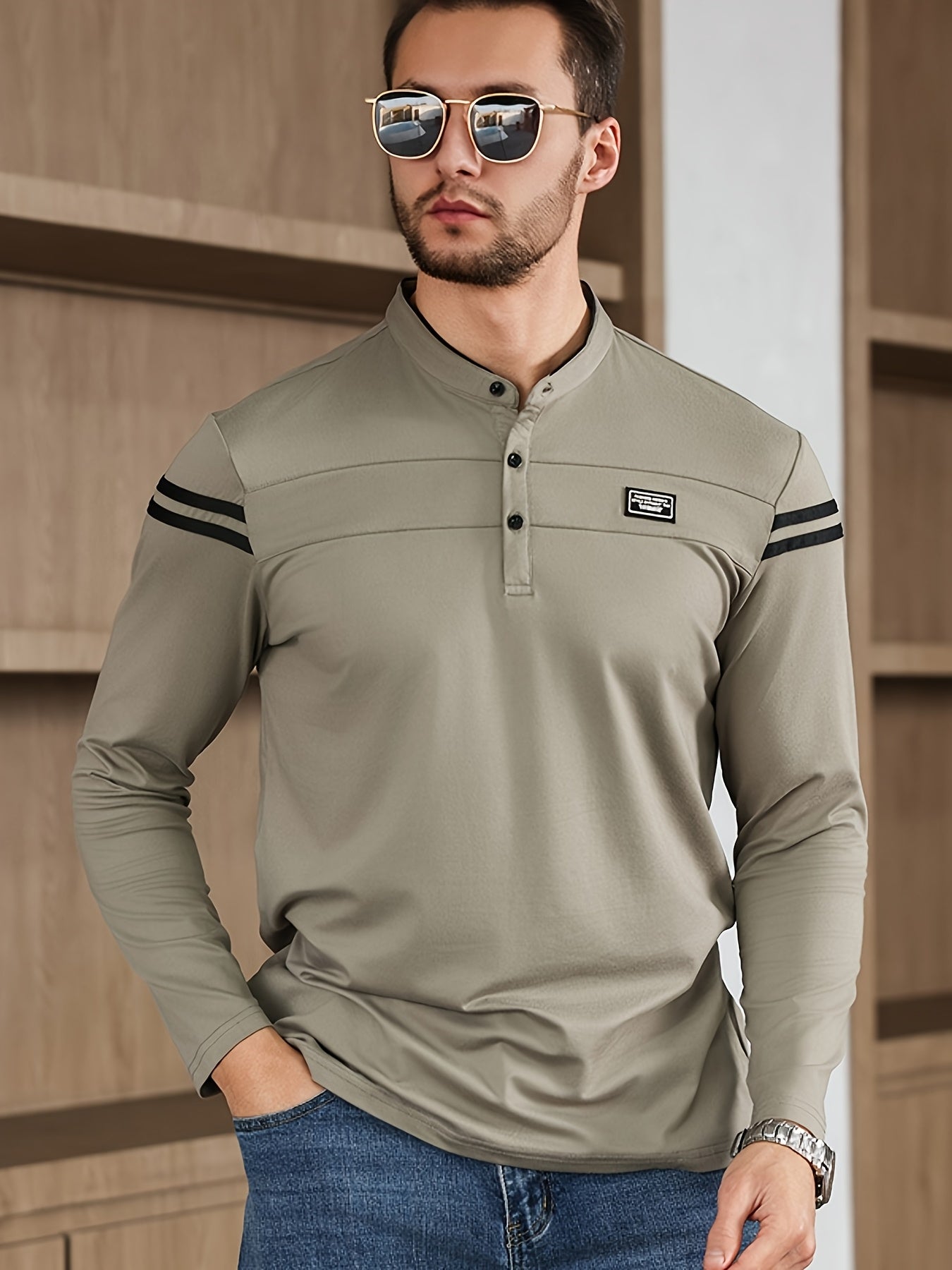Men'S Casual Long Sleeve T-Shirt - Solid Color with Stand Collar Stripe Polo, Button-Up Front, Ideal for Outdoor Activities