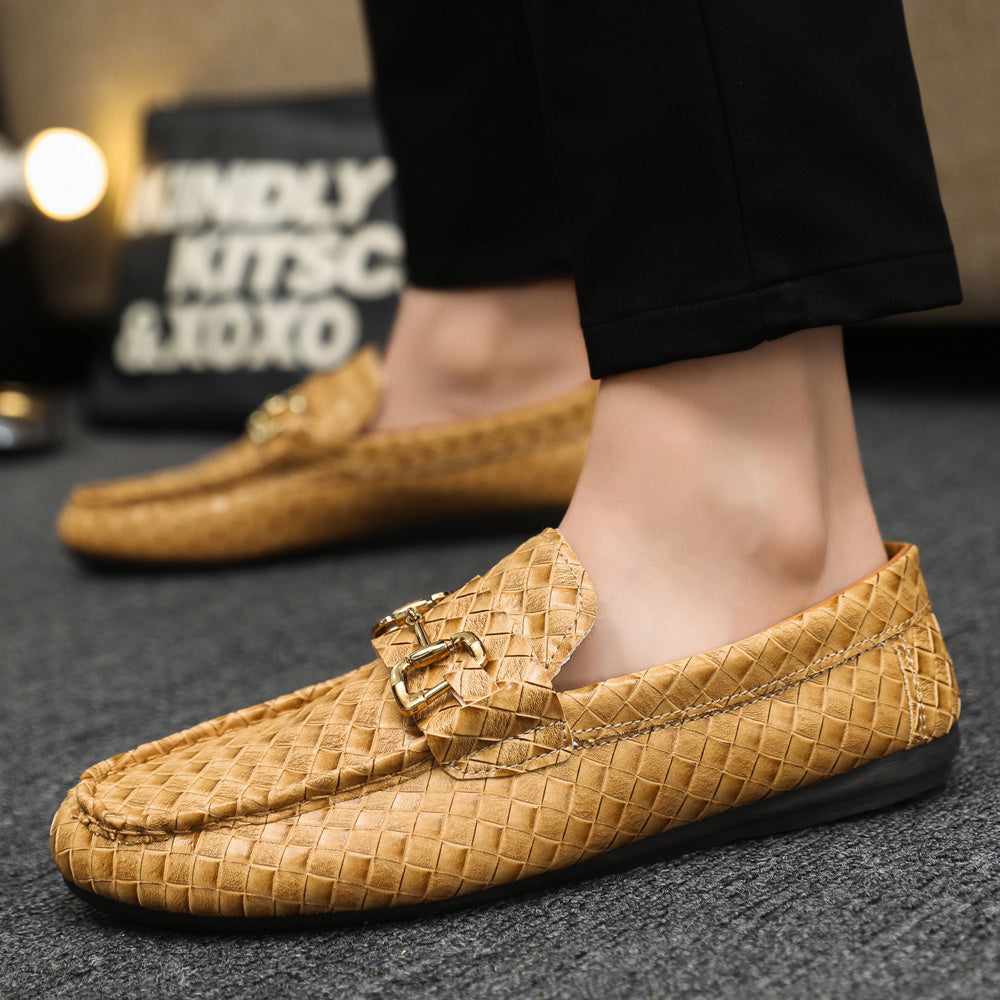 Men's Slip-On Loafers - Black Tan Casual Shoes with Golden-Tone Metal Accents, Round Toe Comfort, All-Season Versatile for Office Social Events, Casual Attire, Elegant Style, Premium Material, Modern Gentlemen