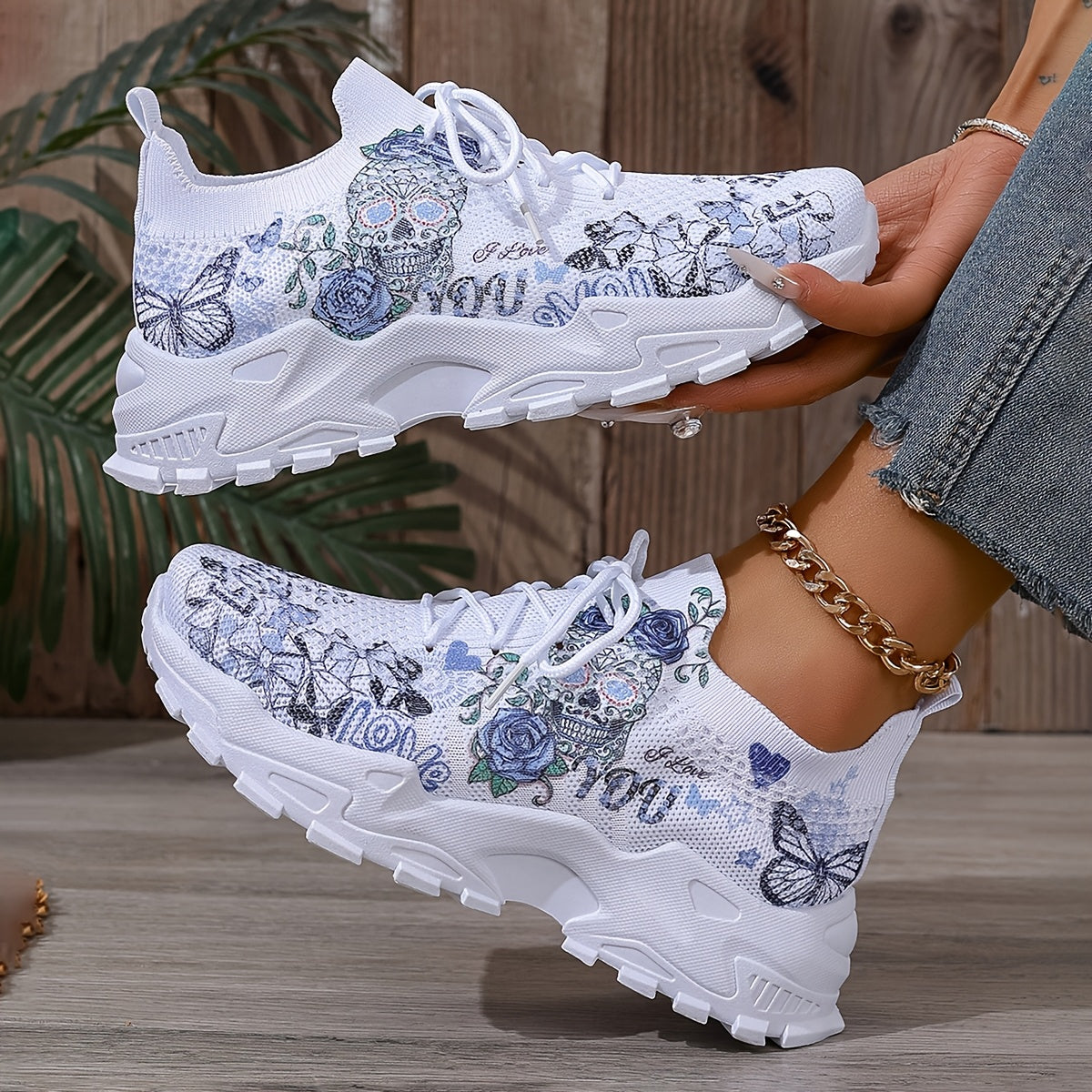 Women's Floral Skull Print Breathable Mesh Sneakers, Lightweight Low-Top Running Shoes with Soft PU Sole, Stylish Pink White Design for Casual Wear, Outdoor Travel Halloween Events, Allseason Footwear Japaneseinspired