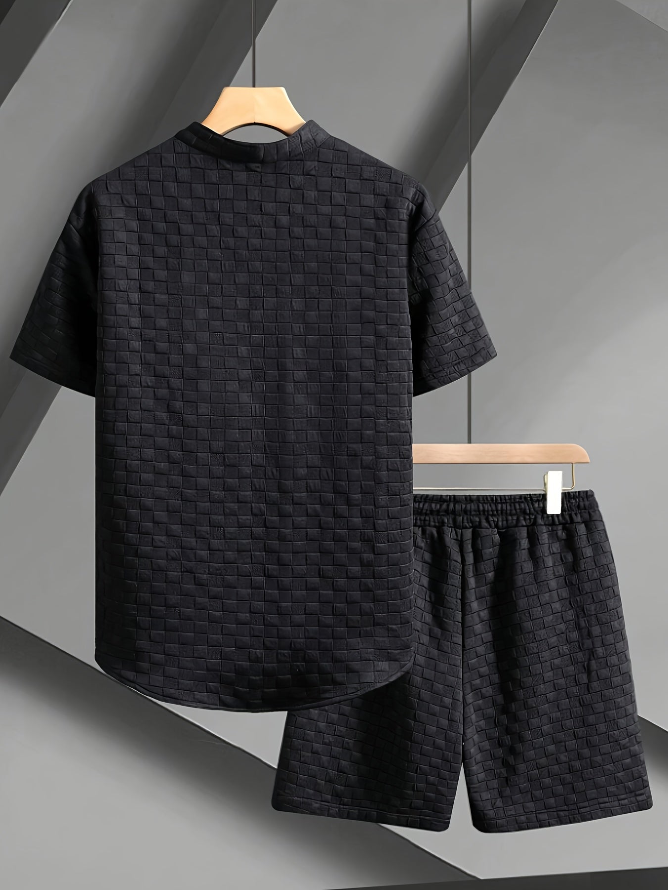 Men'S Casual Short Sleeve Button-Up Shirt & Shorts Set - Solid Black, Breathable Polyester Blend, Regular Fit for Summer, Everyday Comfort, Casual Summer Wear | Buttonup Shirt | Polyester Blend