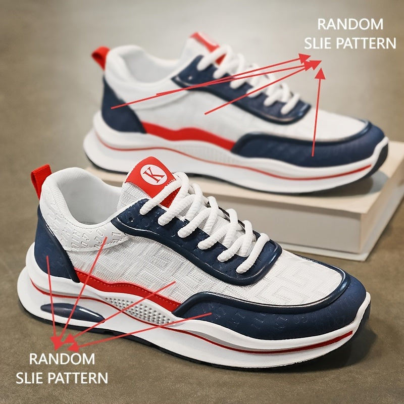 Men's Lightweight Breathable Low-Top Sneakers - PU Upper PVC Sole, White/Navy/Red Accents, Lace-Up Round Toe for Casual, Outdoor, Running Gym - All-Season Comfort Shoes, Casual Footwear, Geometric Pattern, Comfortable Fit