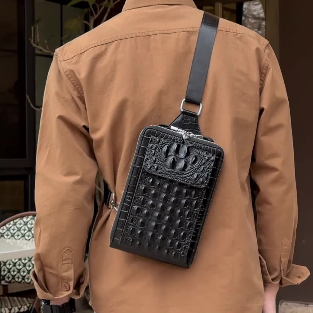 Men'S Stylish Black Crocodile Pattern Crossbody Bag - Durable, Large Capacity, Adjustable Strap, Perfect for Travel Daily Commute, Commuter Shoulder Bag Stylish Crossbody Durable Fabri