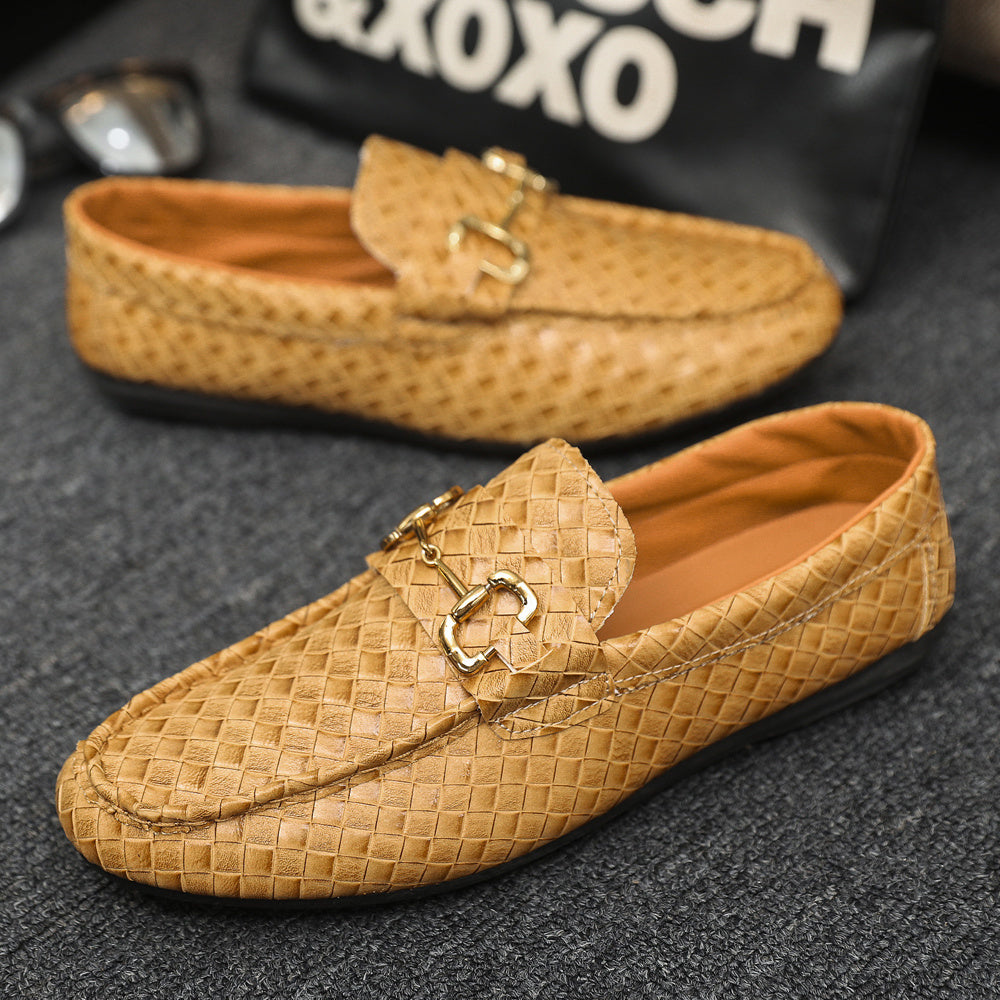 Men's Slip-On Loafers - Black Tan Casual Shoes with Golden-Tone Metal Accents, Round Toe Comfort, All-Season Versatile for Office Social Events, Casual Attire, Elegant Style, Premium Material, Modern Gentlemen