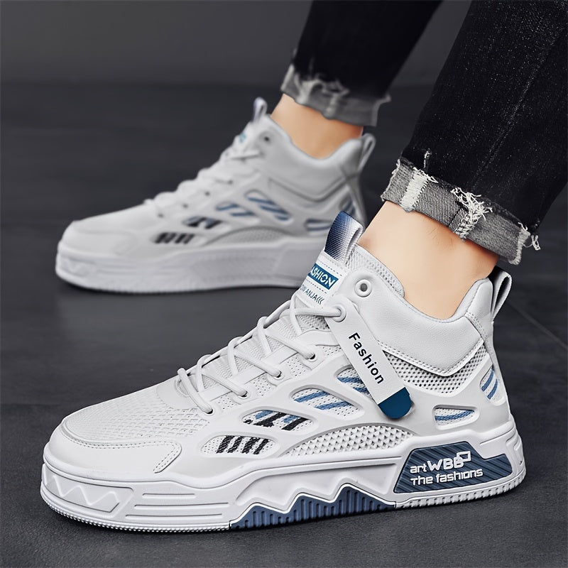 Men's High Top Fashion Sneakers Graphic Print Lace-Up Casual Skateboard Shoes with Round Toe, PU Mesh Upper, Fabric Lining, and Rubber Sole