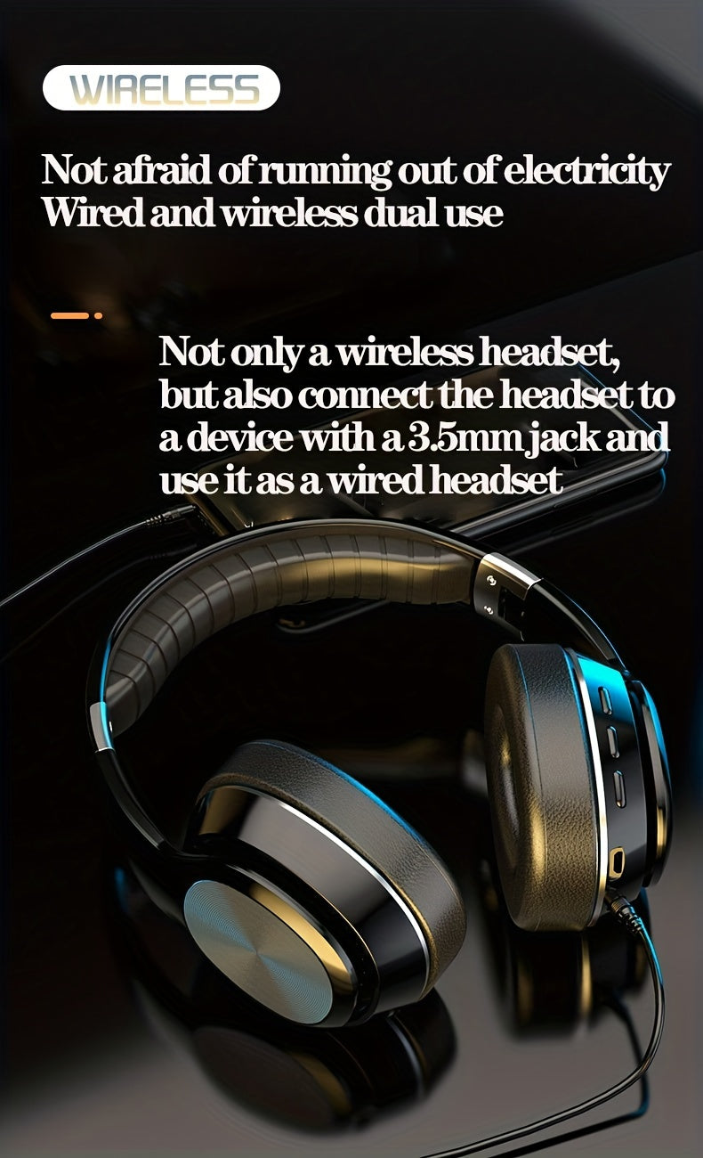 High-End Over-Ear Wireless Headphones with Metal Folding Design, Surround Sound, Wireless, TF Card/Radio Modes, USB-C Charging, Ergonomic Comfort for Sports, Gaming & Running - Blue & Golden