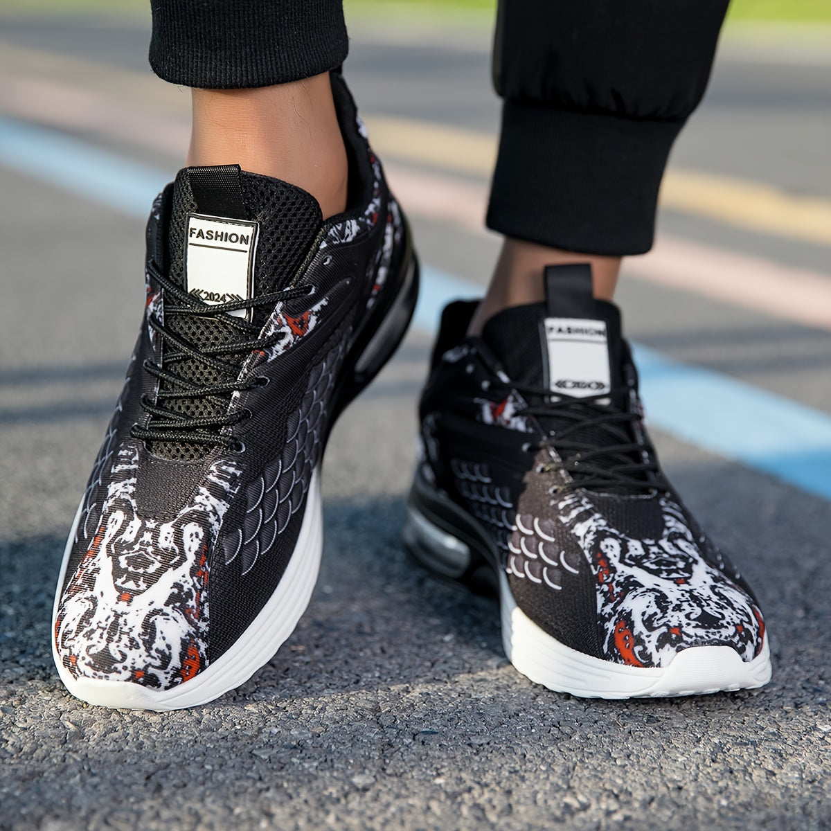 Men'S Stylish Athletic Sneakers - Breathable Mesh Upper, Lightweight Air Cushion Sole, Lace-Up Running Shoes with Tiger Design, Comfortable for Casual Training Wear