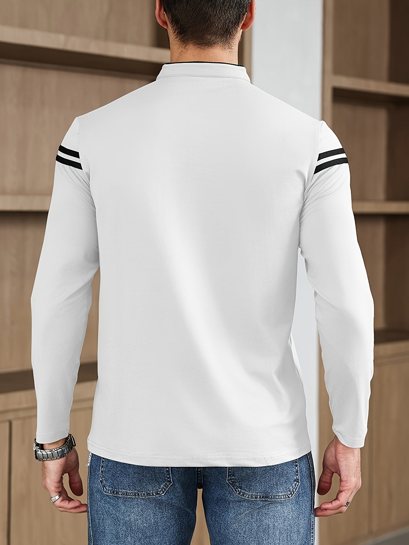 Men'S Casual Long Sleeve T-Shirt - Solid Color with Stand Collar Stripe Polo, Button-Up Front, Ideal for Outdoor Activities