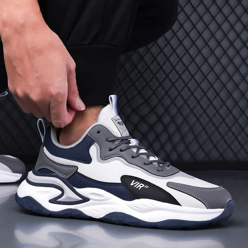 Men's Stylish Color-Block Sneakers - Black Gray with White Accents, Comfortable All-Day Wear, Durable Rubber Sole, Lace-Up Design, Trendy Low-Top Style for Casual or Athletic Use, Casual Sneakers Fashion Sneakers Pu Mat