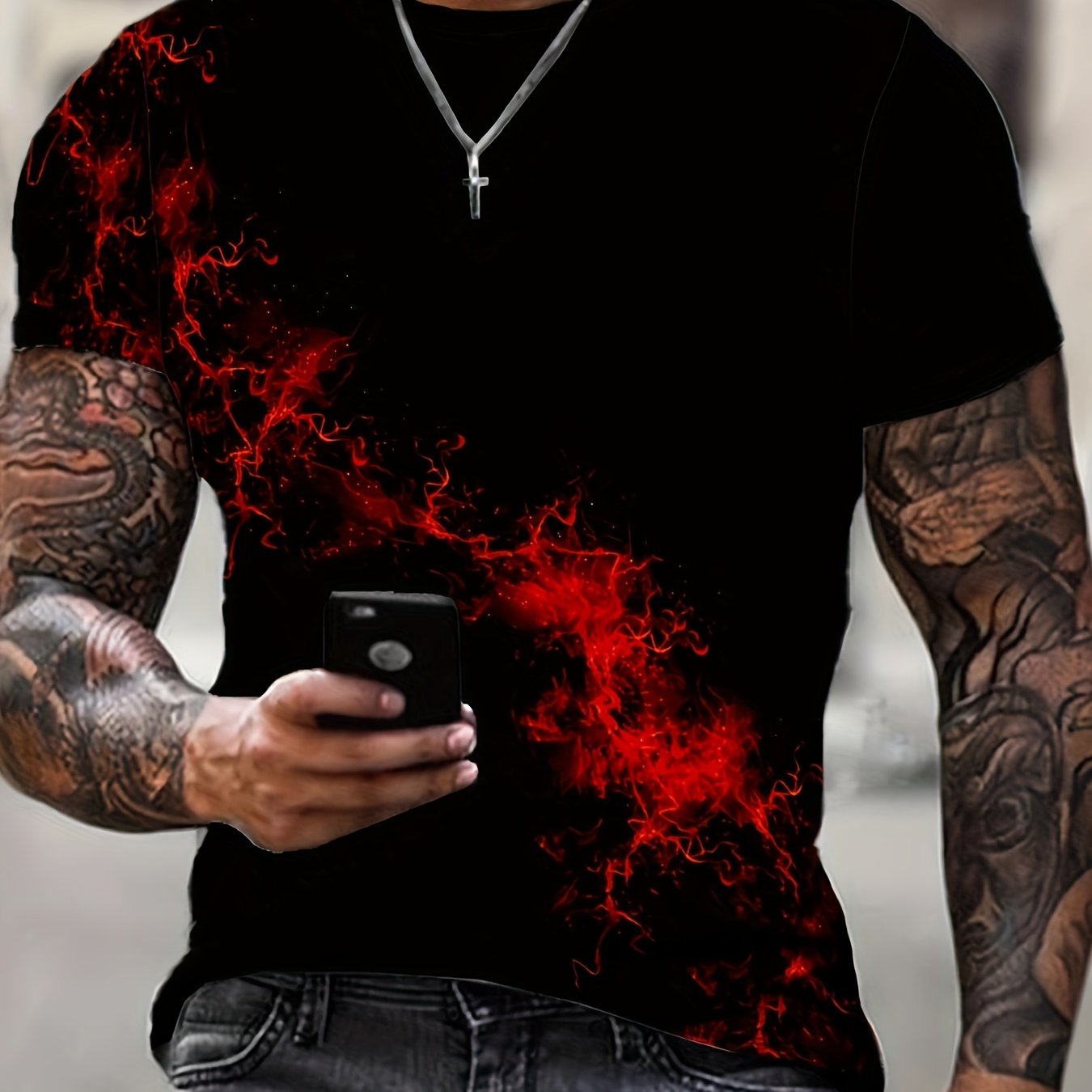 Men'S 3D Print Red Black Flame Graphic T-Shirt - Casual Short Sleeve Crew Neck Tee with Mesh Fabric, All-Season Outdoor Shirt for Adults, Everyday Tshirt Bold Graphic Tee Mesh Fabric Shirt