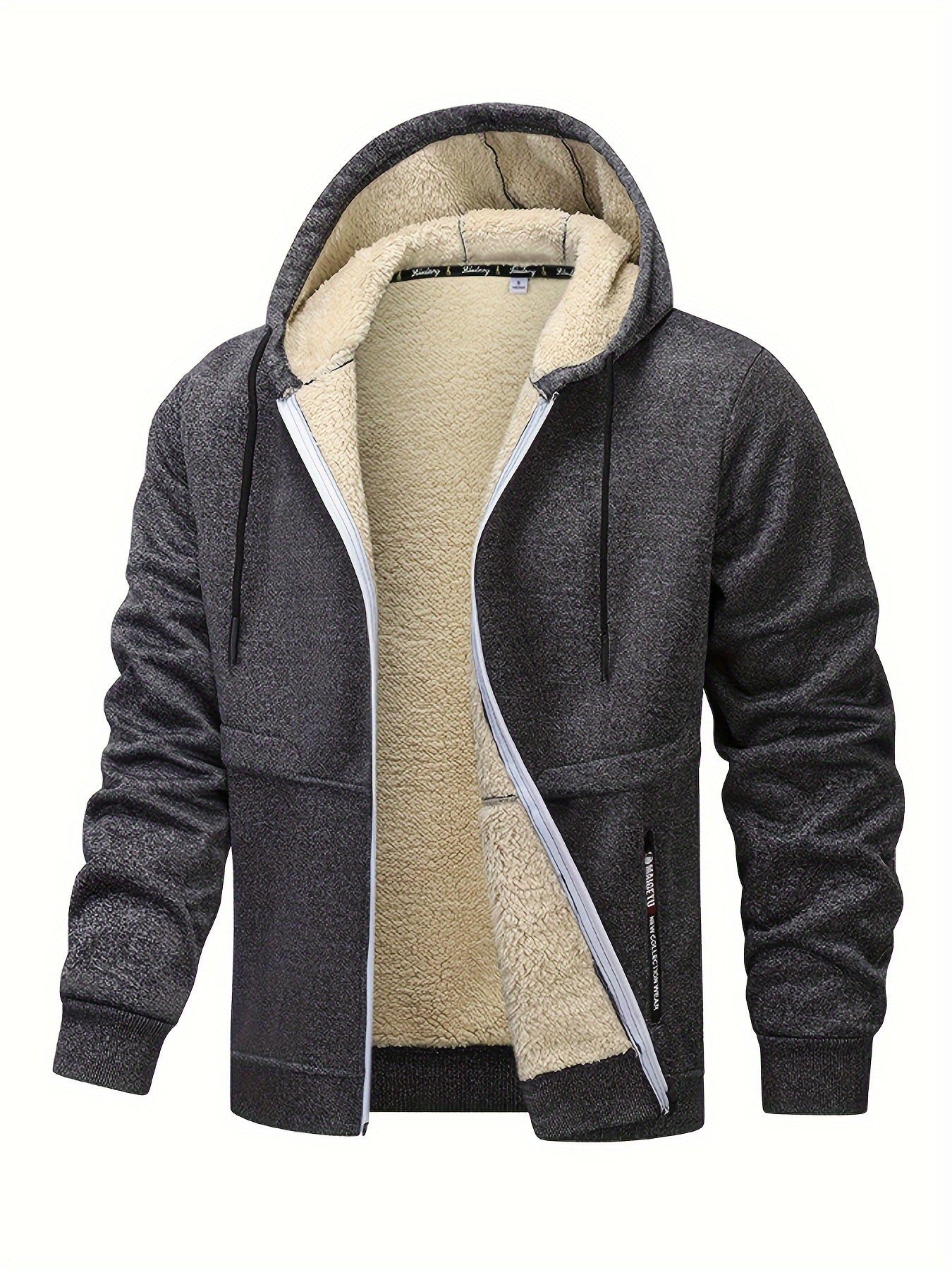 1pc Men'S Casual Style Hooded Jacket, Thick Fleece Lined, Warm