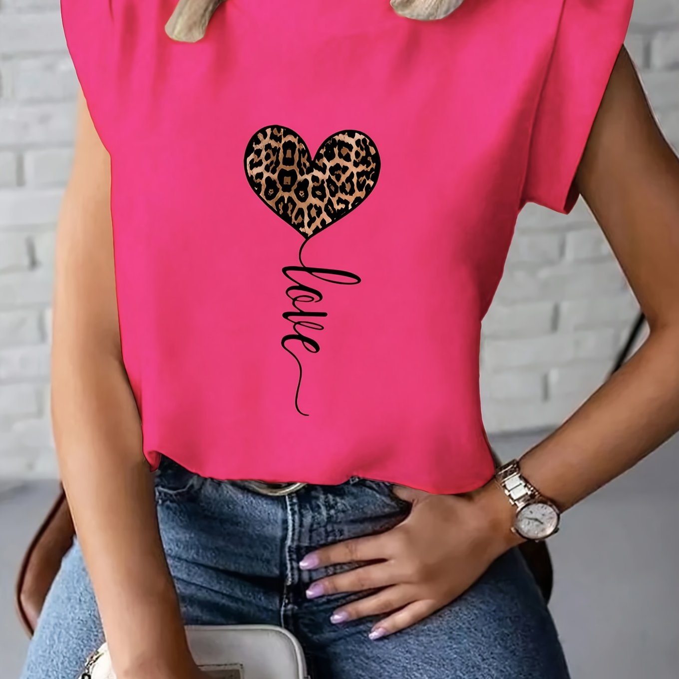 Women's Fashionable White T-Shirt with Leopard Print Heart and "LOVE" Cursive - Short Sleeve, Polyester Blend, Machine Washable