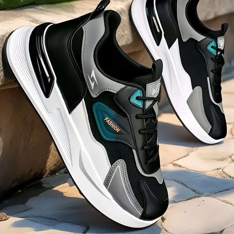 Men'S Breathable Running Sneakers with Gradient Design - Low-Top Lace-Up Casual Shoes, Durable PVC Sole, EVA Insole, Fashionable Black White Patterns, Ideal for All Seasons Outdoor Activities