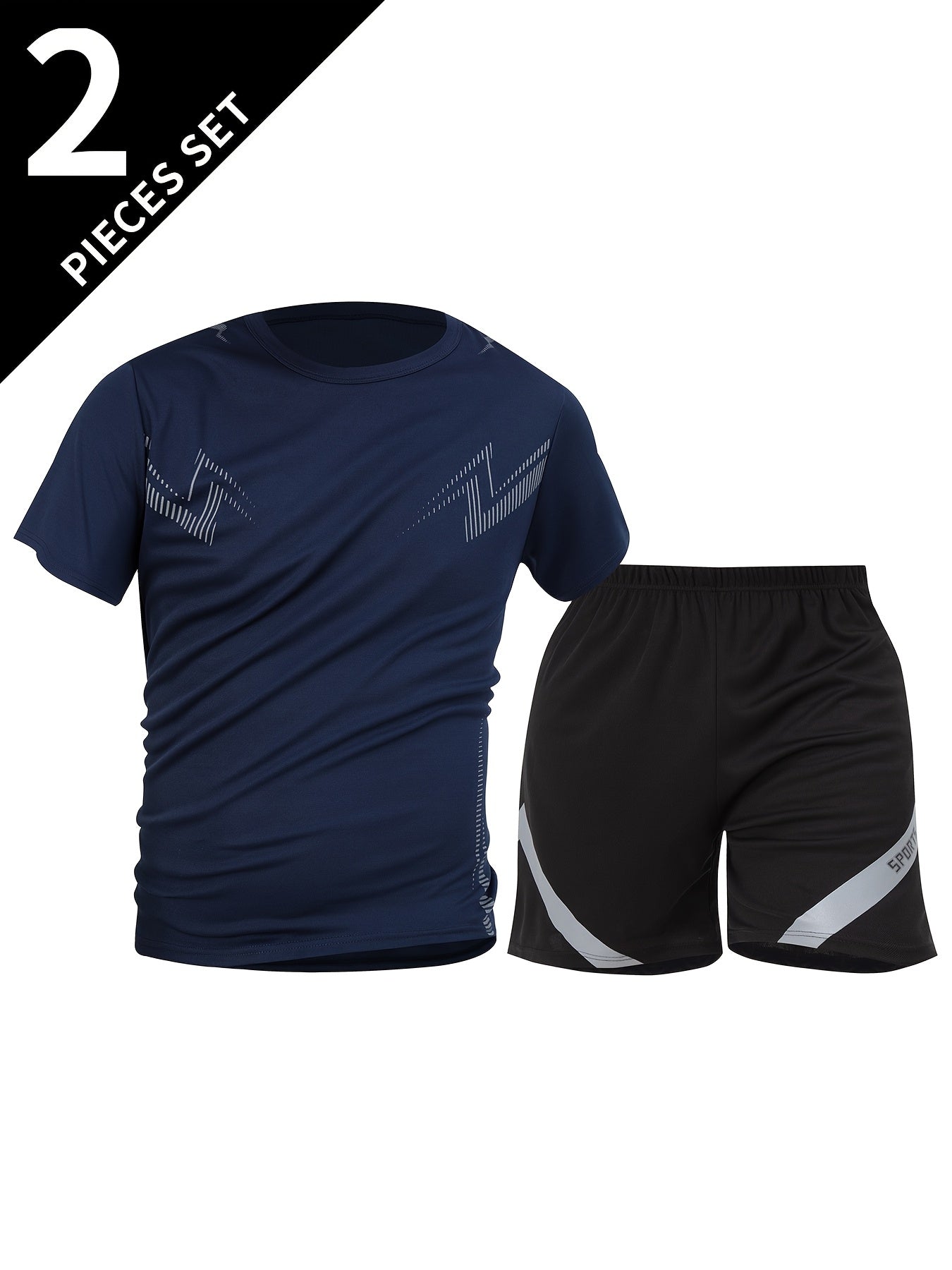 2pcs Summer New Lightning Print Sports Suit Men's Short Sleeve Shorts Outdoor Fitness Breathable Quick-Dry Loose Running Outfit Set
