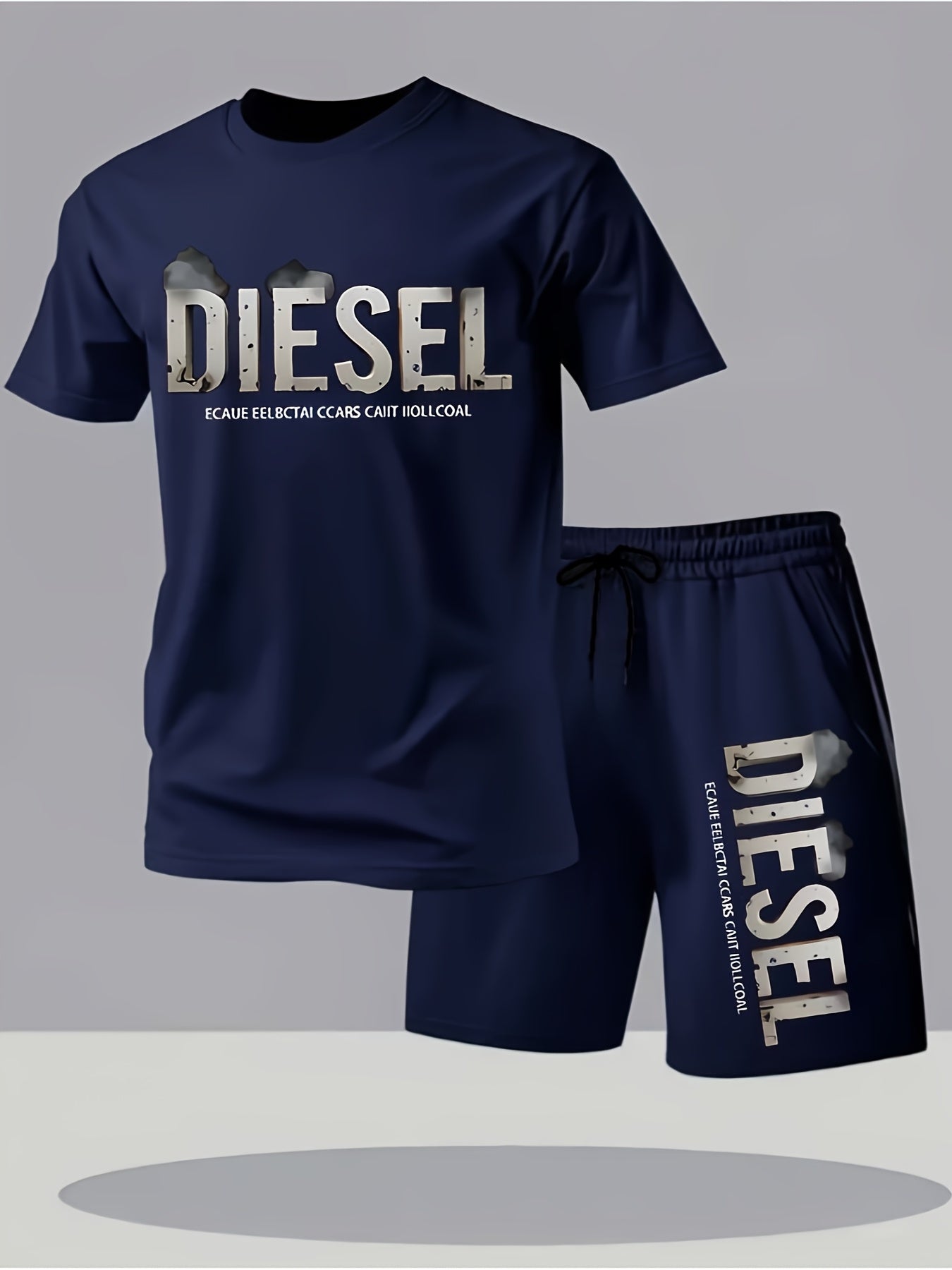 Summer Men'S Casual Sports Short Sleeve T-Shirt and Shorts Set, Comfortable Breathable, Suitable for Outdoor Jogging Running Fitness, Diesel Letter Print Design - 2pcs Set