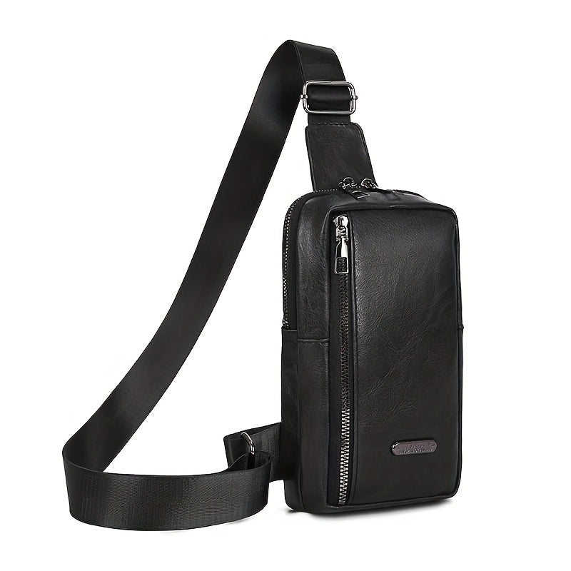 Men'S Classic Black PU Crossbody Bag with Geometric Pattern, Key Holder, Zipper Closure, Polyester Lining, Urban Style, Commuter Bag Geometric Pattern Bag Zippered Closure Bag