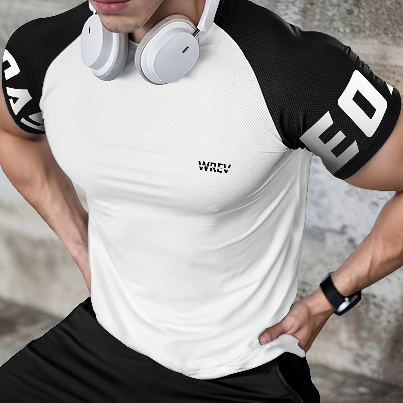 Men's Quick-Dry Breathable Mesh Sports T-Shirt - Summer Gym Workout Top with Contrast Black White Sleeves for Man Letter Print, Slim Fit for Running Training Casual Wear, Breathable Running Gear Sporty Casual Tee Mesh