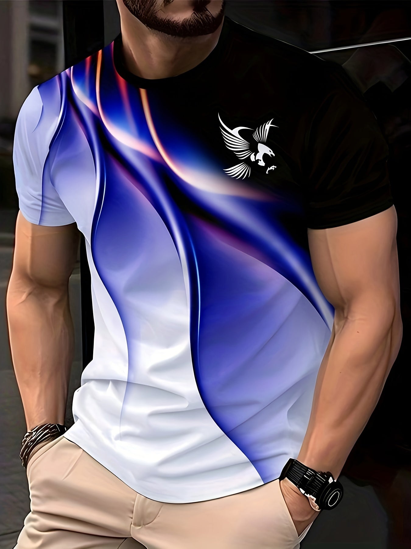 Men'S Round Neck T-Shirt with a Simple Multicolored Bird Pattern Print in Trendy Style.