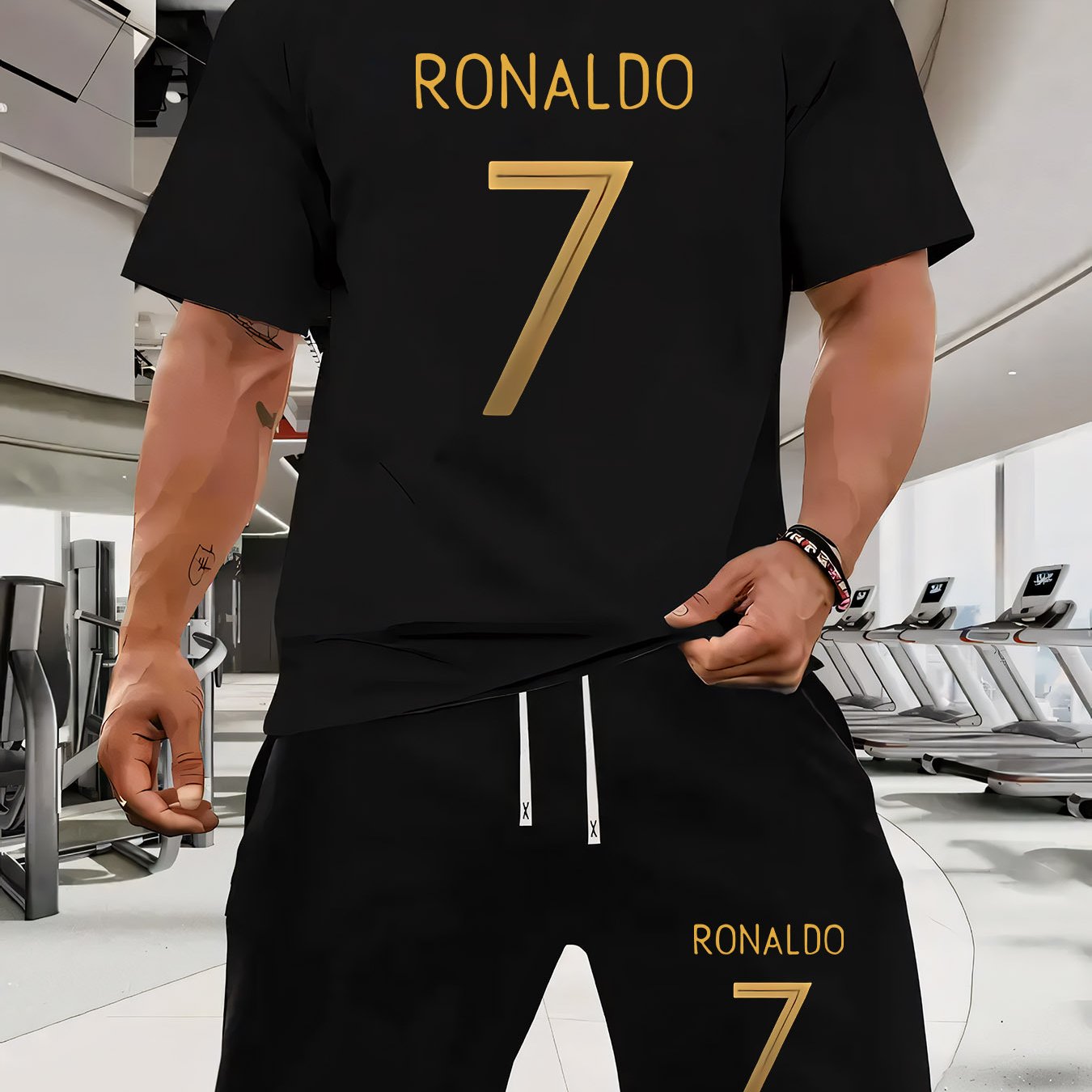 Ronaldo 7 Print Men'S Short Sleeve T-Shirt and Waistband Shorts 2pcs Casual Sports Regular Top & Bottom Set, Suitable for Spring/Summer