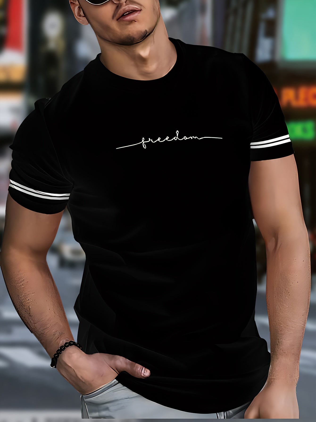 Men'S "Freedom" Graphic T-Shirt - Black Casual Crew Neck Tee with White Stripes, Breathable Polyester Blend, Regular Fit for Casual Attire, Everyday Tshirt Bold Print Tee Comfortable Fit, Knit