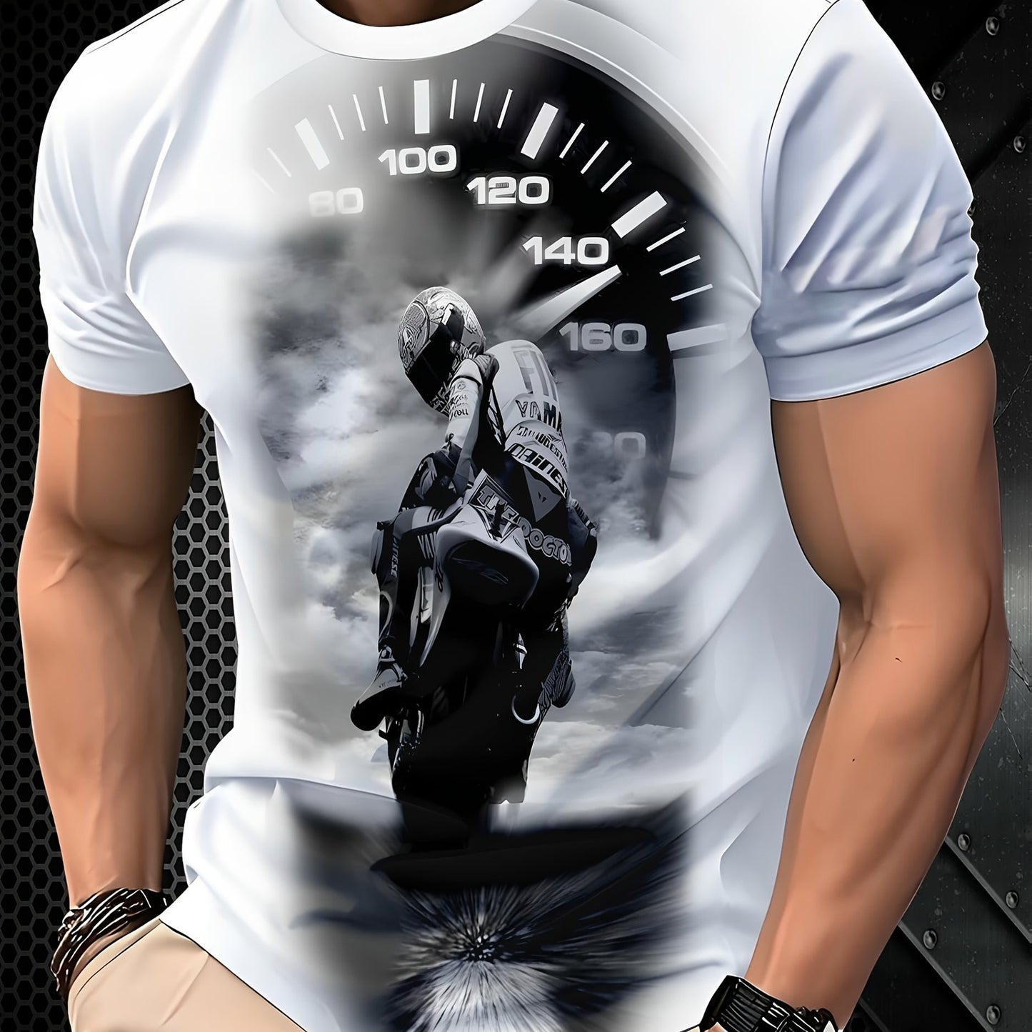 Men'S Motorcycle Graphic T-Shirt - Casual Crew Neck Short Sleeve Tee with Throttle Gauge Design, Breathable Summer Sportswear for Adults, Motorcycle Enthusiast Gear Stylish Motorcycle Print Comfortable Fit