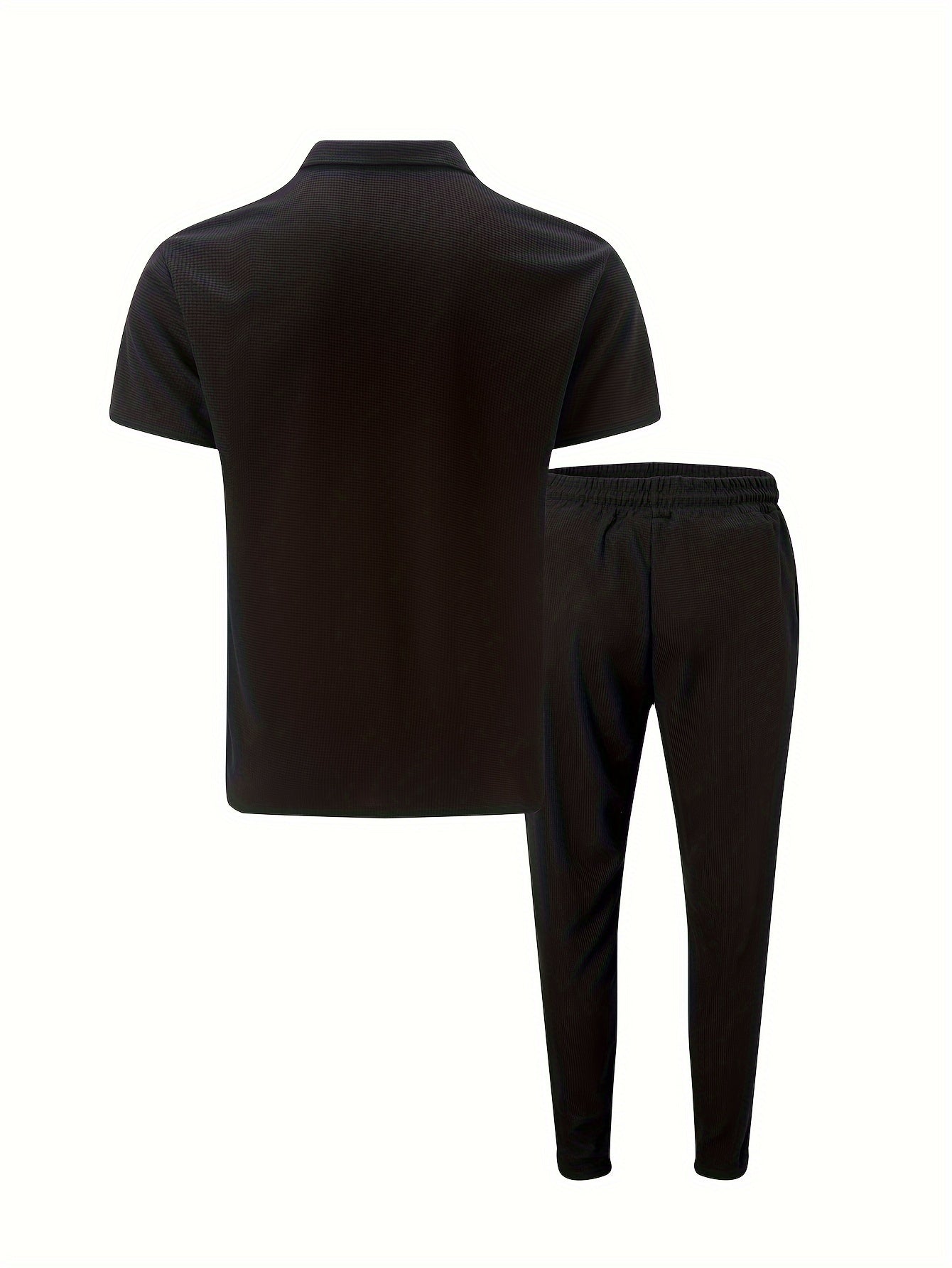 Men's Fashion Short-Sleeve Long-Pants Waffle Knit Zip-Up Turn- Collar Casual Two-Piece Set
