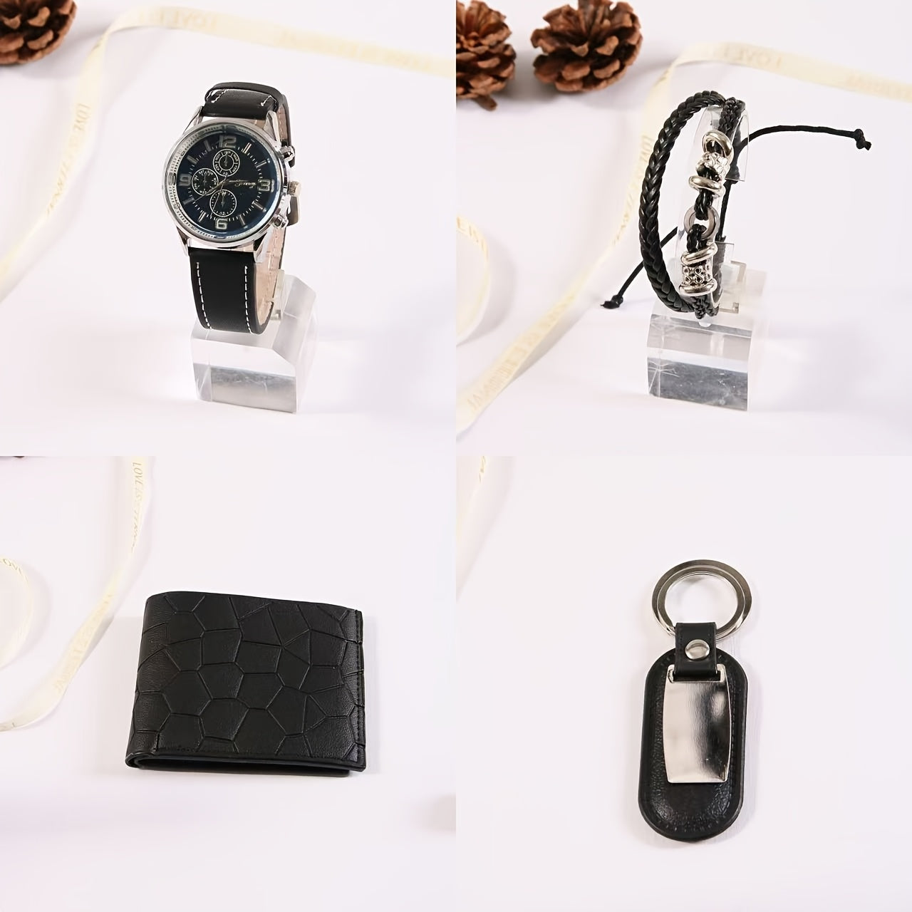 Christmas Gift Box Set of Six, Wallet + Watch + Bracelet + Keychain + Pen + Wooden Gift Box