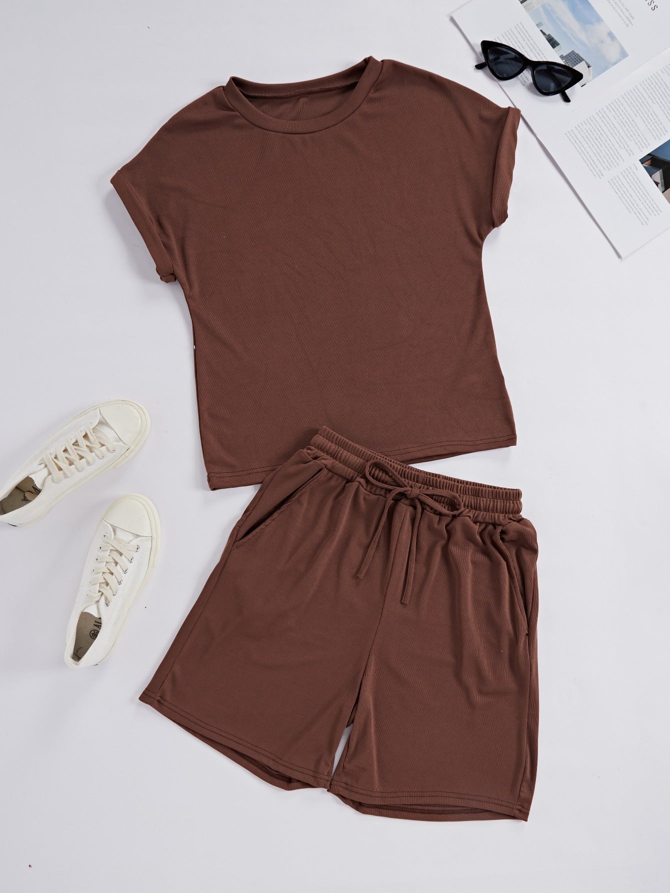 Women's Casual Short Sleeve & Shorts Set with Pockets