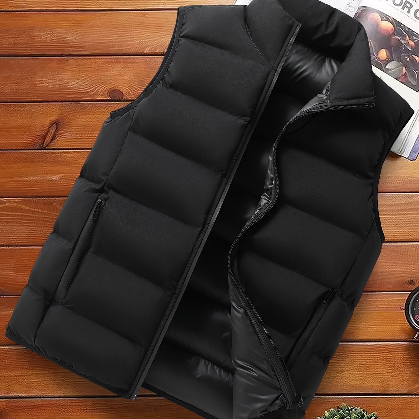 Men's Casual Sleeveless Stand Collar Vest, Thickened Warm Sweater, Autumn Winter Solid Color Zip-up Jacket, Coldproof Outdoor Top, Graphene Warmth, Fashion Webbing, Suitable for Daily Activities, Holiday Gift