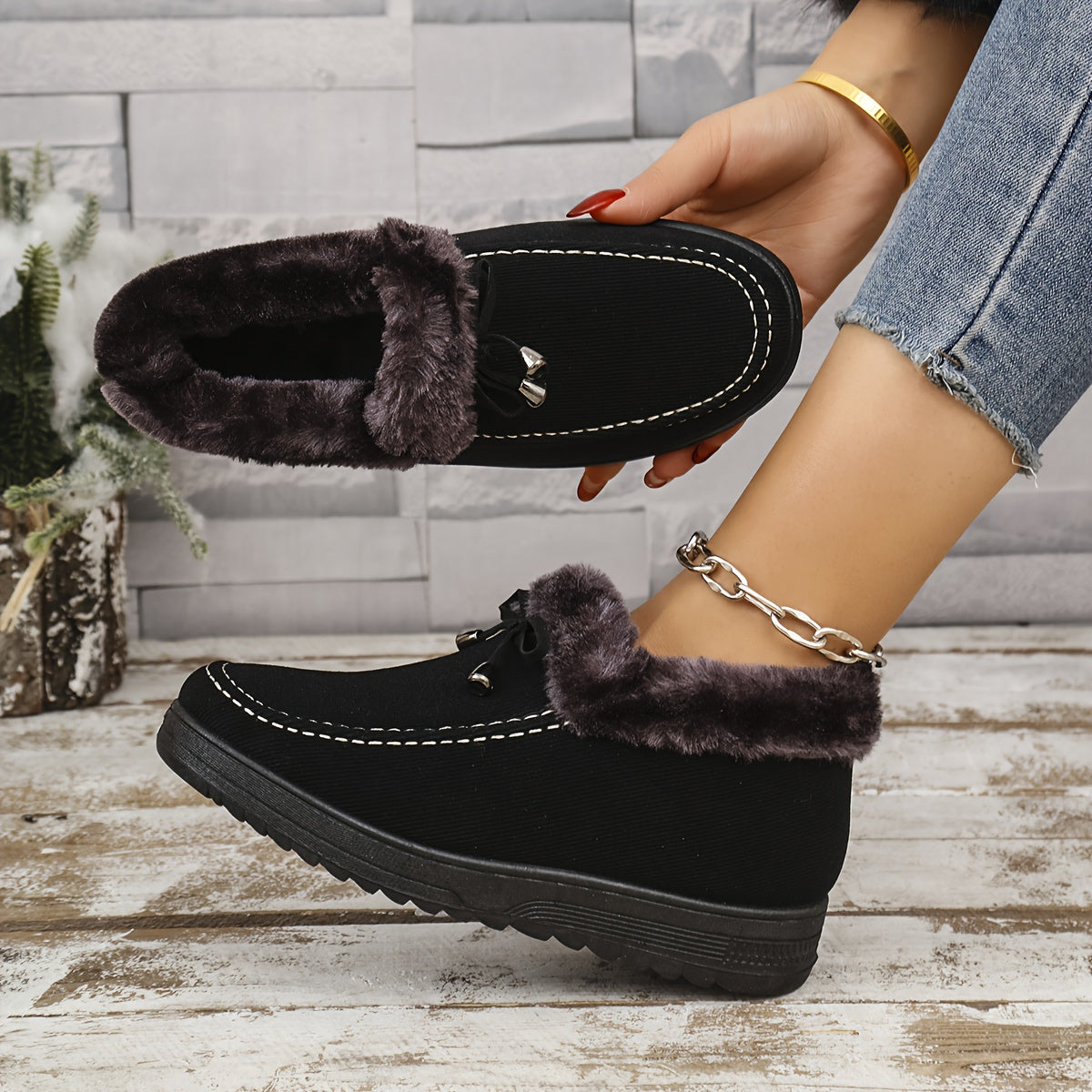 Women's Thick Fleece-Lined Non-Slip Warm Shoes for Winter | Slide On Indoor/Outdoor Casual Ankle Boots, Comfortable Flat Bottom Short , Winter Boots for Women Elegant Classy, Boots with Heels, Wide Width Boots for Women