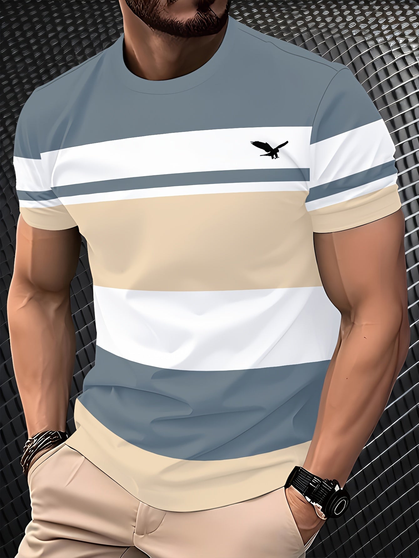 Men'S 3D Digital Print Short Sleeve T-Shirt - Breathable Round Neck, Non-See-Through, Lightweight Comfortable, Casual Style with Eagle Logo, Perfect for All Seasons, Versatile Clothing Stylish Graphic Tee Comfortable Fi